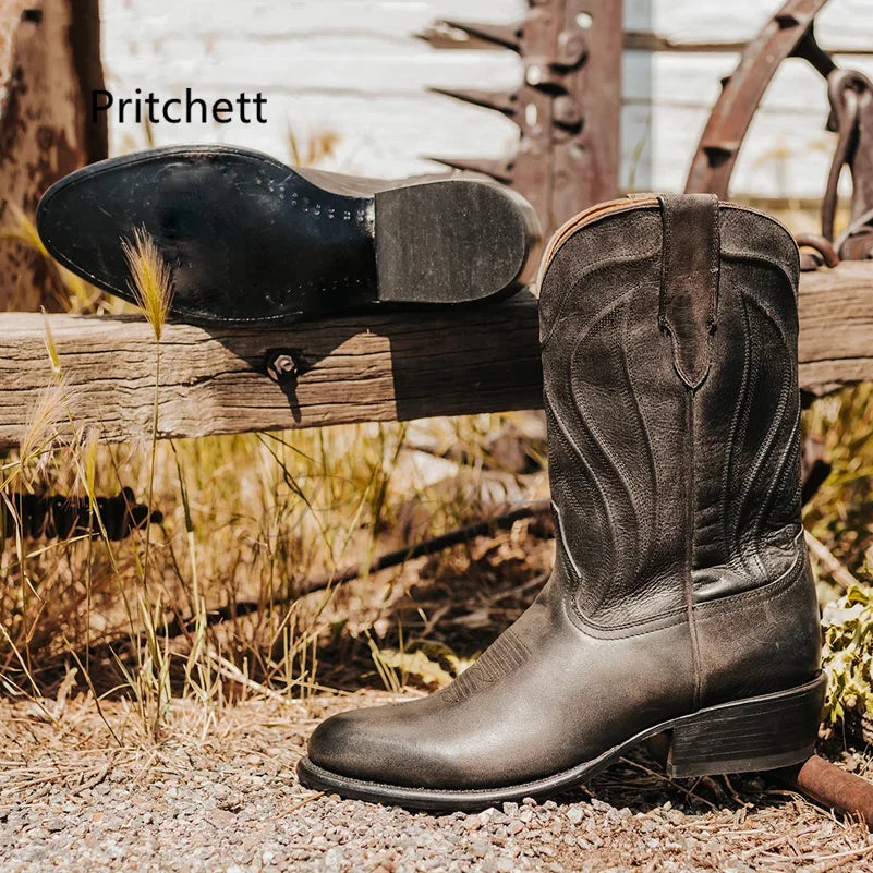 Men's Totem Western Cowboy Boots - Genuine Leather Mid-Calf Slip-On Waterproof Retro