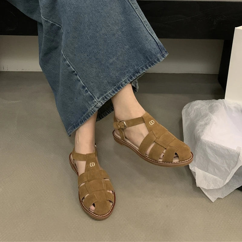DIMANYU Women's Roman Sandals 2023 Summer New Flat Retro Real Leather Ladies Sandals Hollowed Women's Cage Shoes