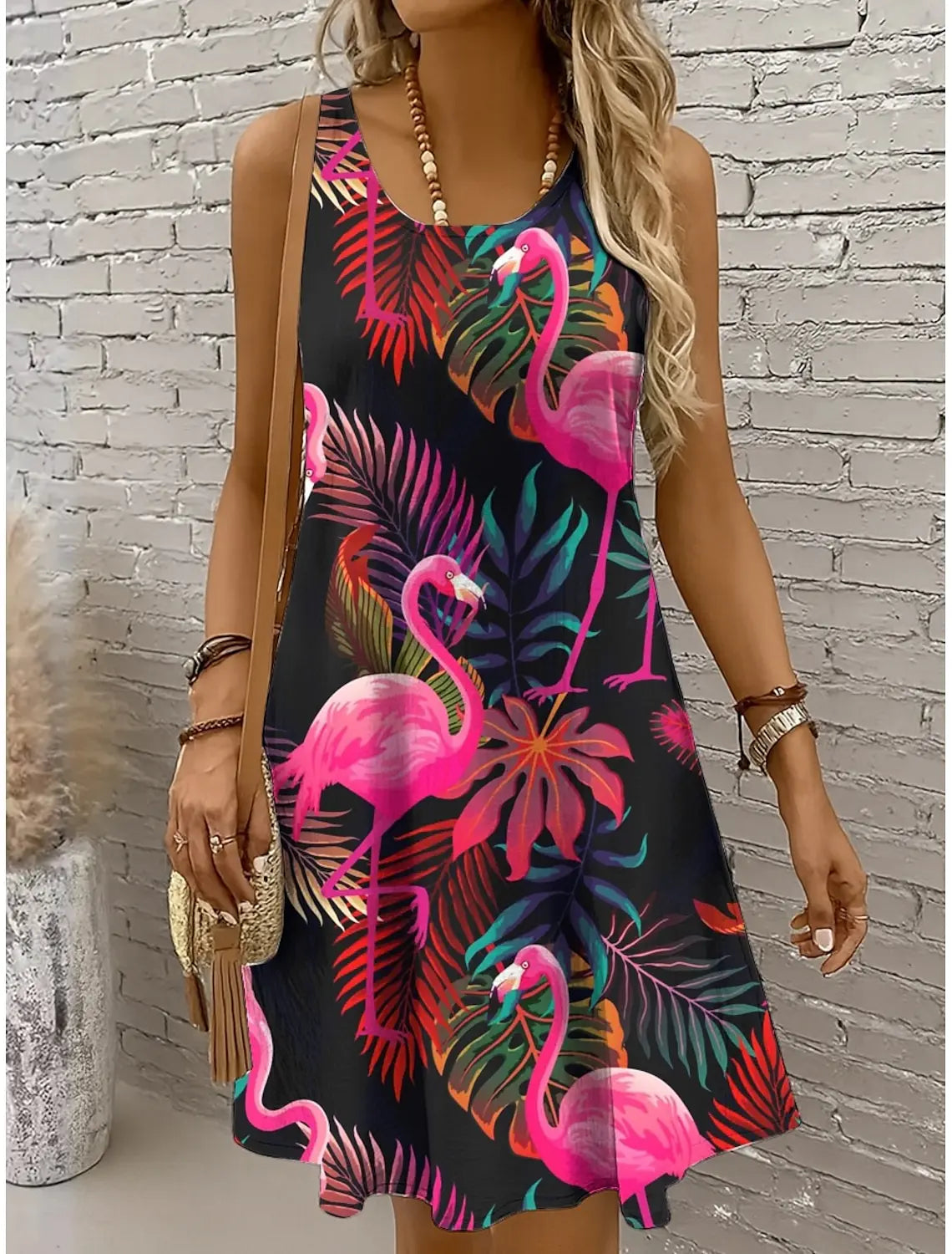 Women's Off Shoulder Sleeveless Crew Neck A-Line Dress,Bird Print,Magenta Pink Purple Orange, Casual Summer Beach Vacation Dress