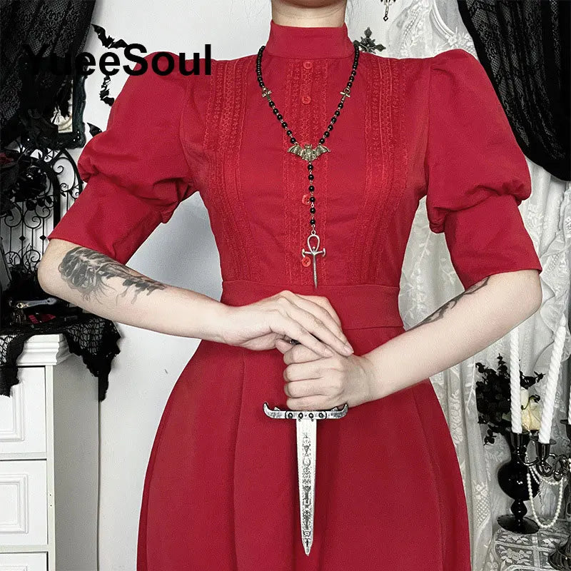 Grunge Gothic Women Dress Lace Trim High Waist Bodycon Mini Dress 2026 New E-girl Vintage Punk Harajuku Lolita Party Clothes
