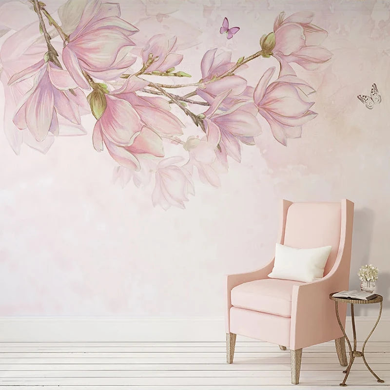 Custom 3D Pink Floral Wall Mural – Hand Painted, 7 Materials