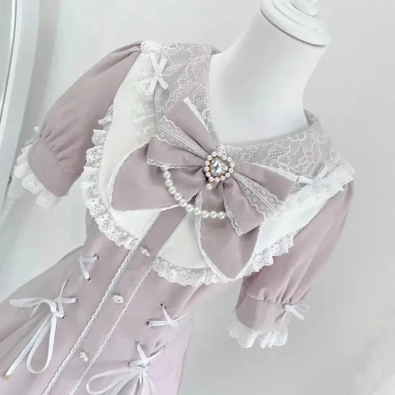 Japanese Gothic Lolita Dress Set Women Harajuku Y2k Bow Lace Ruffles Collar Mini Dresses Female Elegant Party Cute Dress