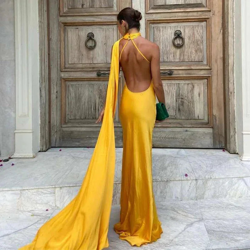 Satin Ribbon Halter Long Dresses Women's Backless Casual Maxi Dress Evening Wedding Guest White Blue Green Summer Graduation New