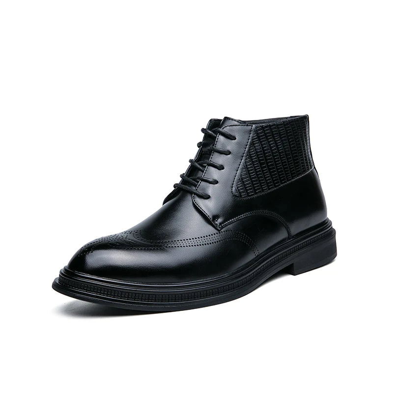 Men's PU Leather High Top Ankle Boots - Side Zip Block Carving Business Casual