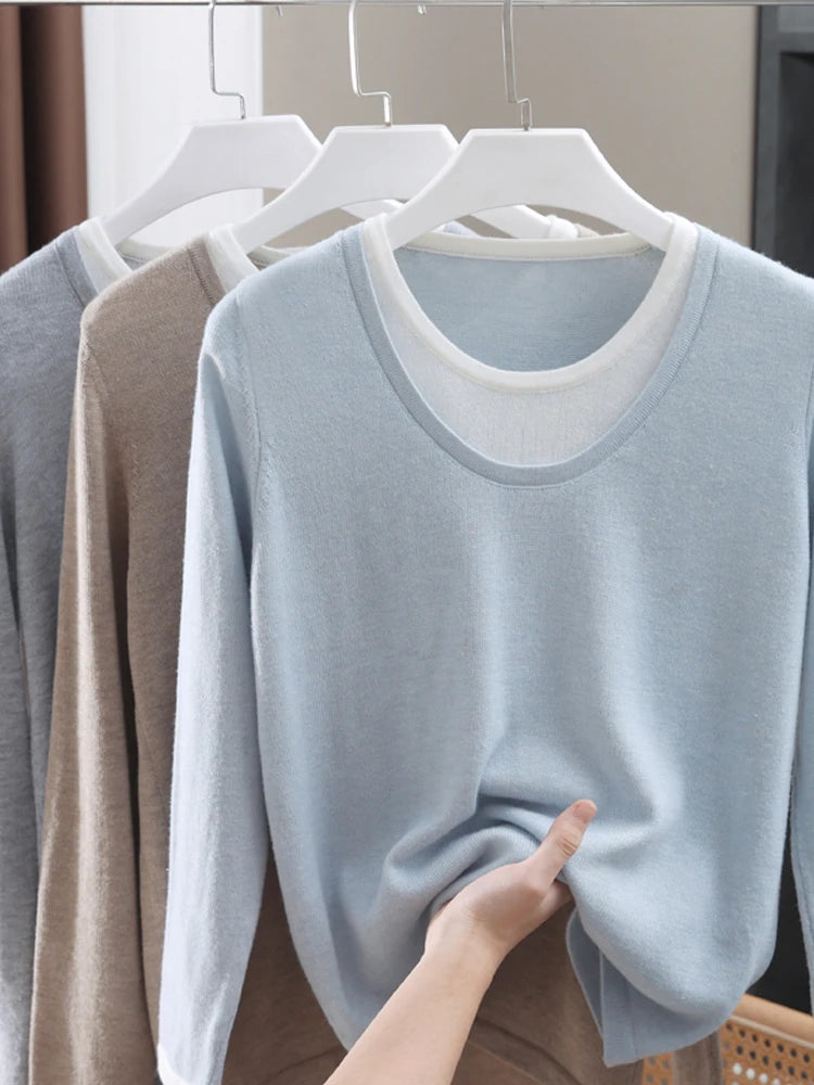 Casual Spring Autumn Women T-Shirts Merino Worsted Wool Female Knitted Pullover Long Sleeve Soft Clothing Tops Thin Outerwear
