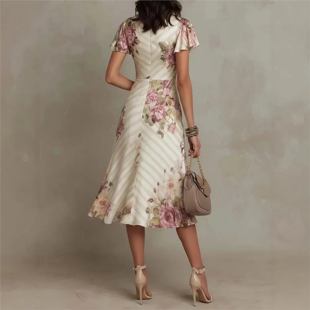 Fashion Print Sexy Deep V Neck Ruffle Short Sleeve Women's Dress Summer Fashion Pleated Slim Elegant Female Party Dresses 2026