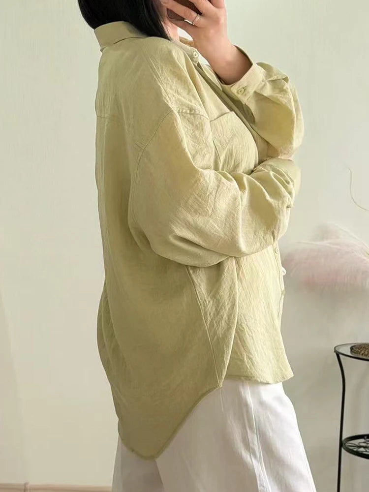 Streamgirl Summer White Linen Shirts For Women Oversized Long Sleeve Tops Lady Loose Basic Linen Tops Women Blue Shirts Oversize