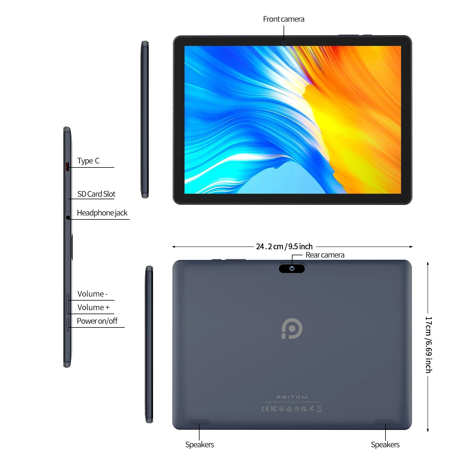 PRITOM 10.1" Android 13 Tablet - 4GB+64GB, 3G SIM, 6000mAh