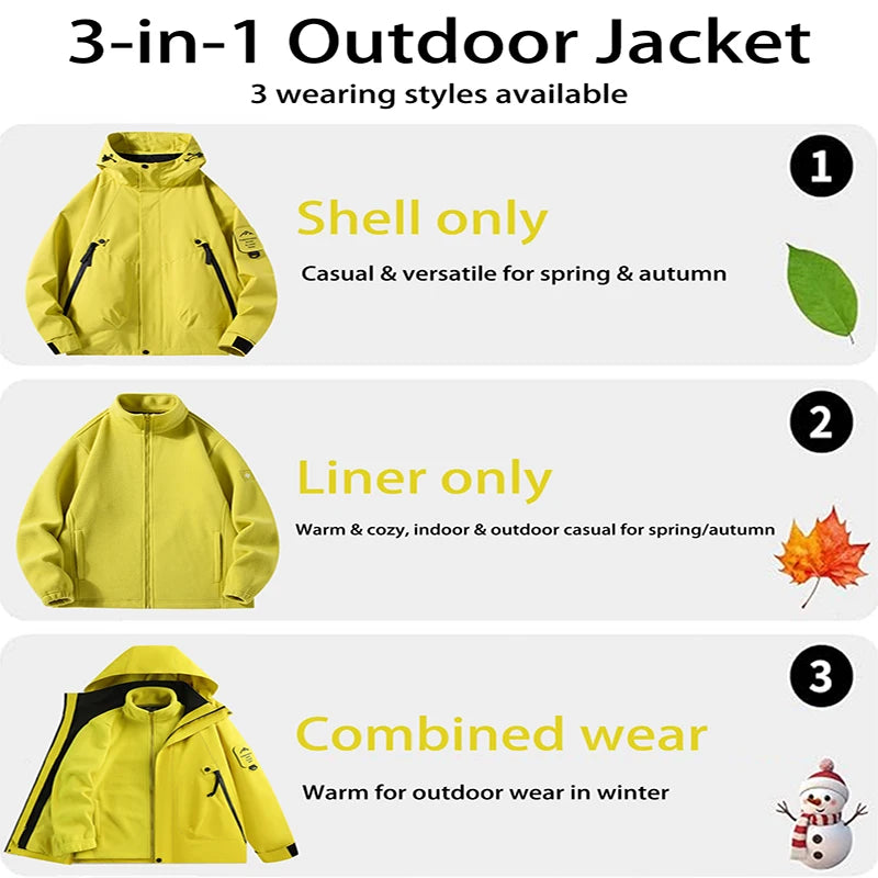 Men's 3-in-1 Jacket - Removable Fleece Liner - Waterproof & Windproof Outdoor Coat