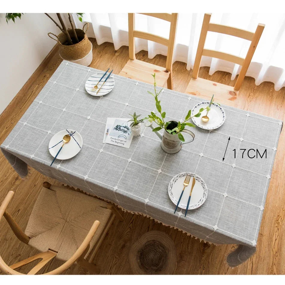 EMBROIDERED LINEN TASSEL TABLECLOTH - Handmade Cotton Linen Cover - Soft & Elegant