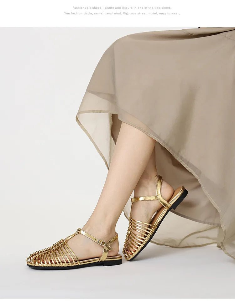 Band Flat Sandals Women Summer Round Toe Ankle Buckle Hollow Roman Sandal Plus Size Beach Shoe