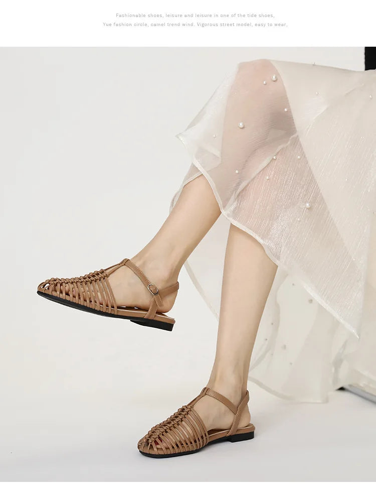 Band Flat Sandals Women Summer Round Toe Ankle Buckle Hollow Roman Sandal Plus Size Beach Shoe