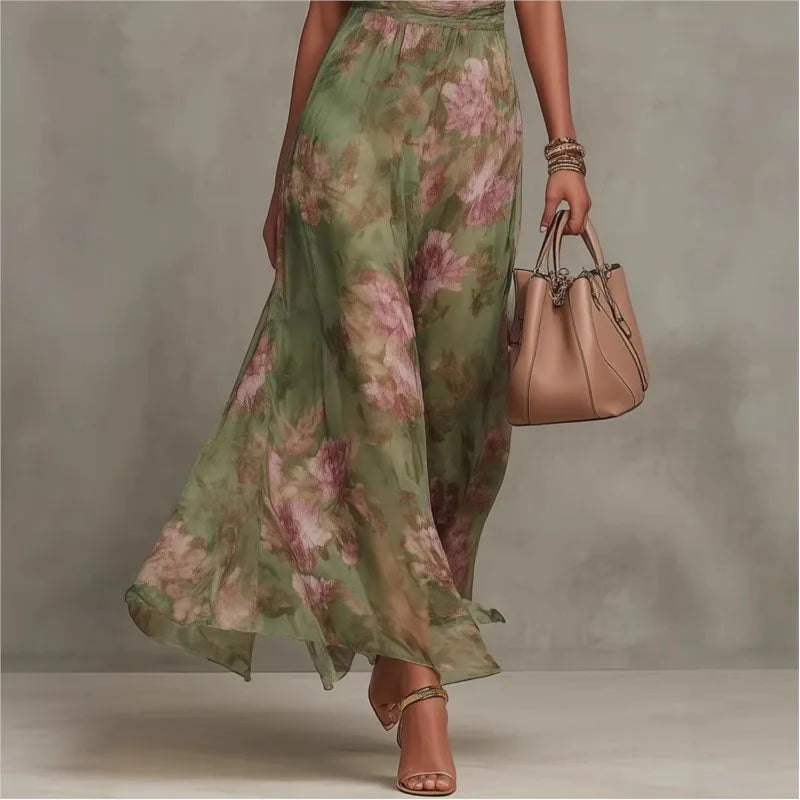 Women's Green Floral Print Halter Maxi Dress Sleeveless High Neck Ruched Waist Chiffon Flowy Evening Party Dress
