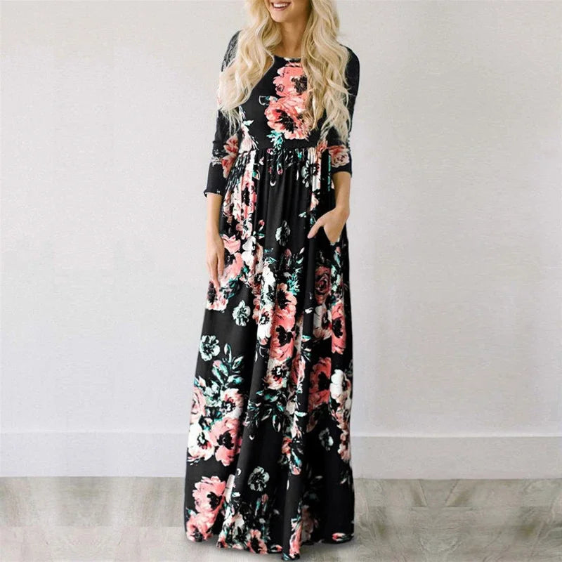 Summer Maxi Dress Women 2025 Pink Floral Print Boho Beach Dress Ladies Evening Party Long Dress Sundress Vestidos De Festa 3XL