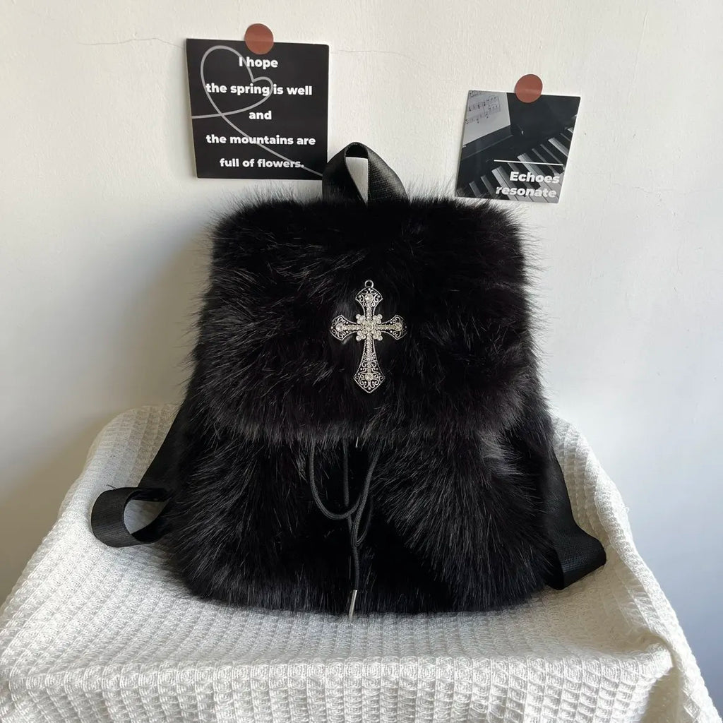 Black Plush Backpack Y2K Gothic Cross Fluffy Fur Backpack