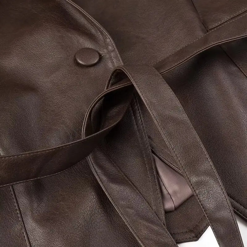 Mauroicardi Spring Autumn Short Retro Brown Pu Leather Jacket Women Sashes Lace Up Luxury Designer Emo Clothes European Fashion