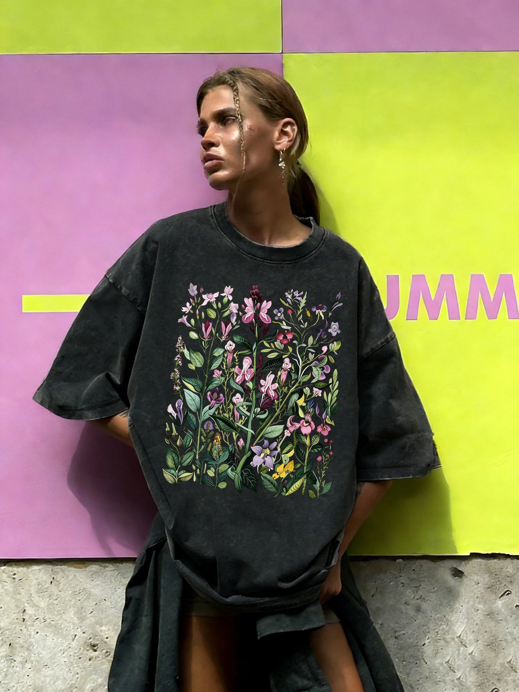 Having Different Beautiful Flowers Print Women Washed T Shirt Summer Loose T-Shirt Crewneck Cotton Clothes All-Match Streetwear
