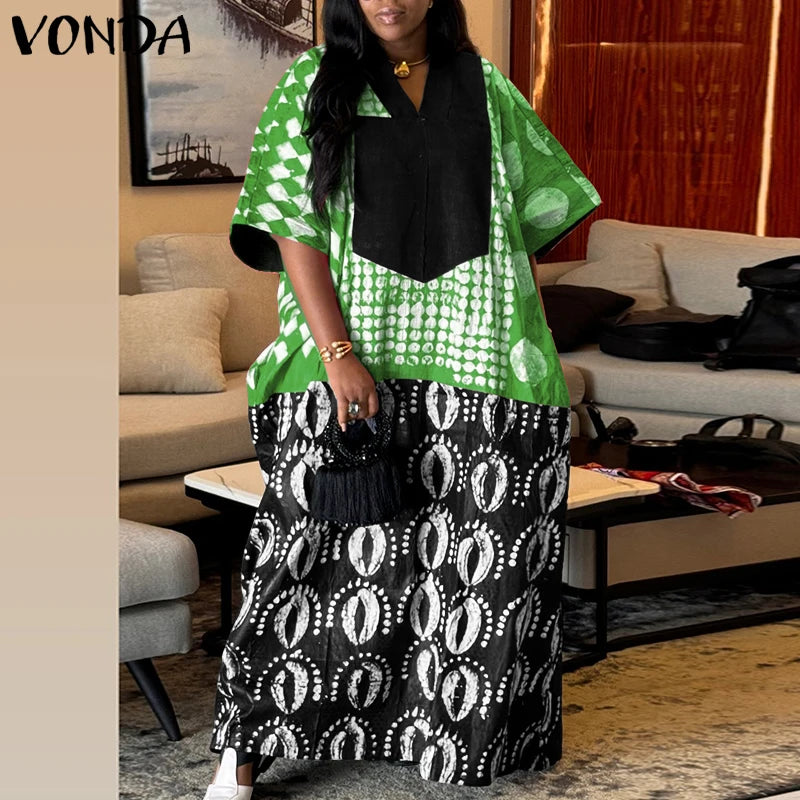 Plus Size 5XL VONDA Women Vintage Dress Bohemian Print Maxi Vetido Party 3/4 Sleeve Patchwork Robe V-Neck Casual Loose Sundress