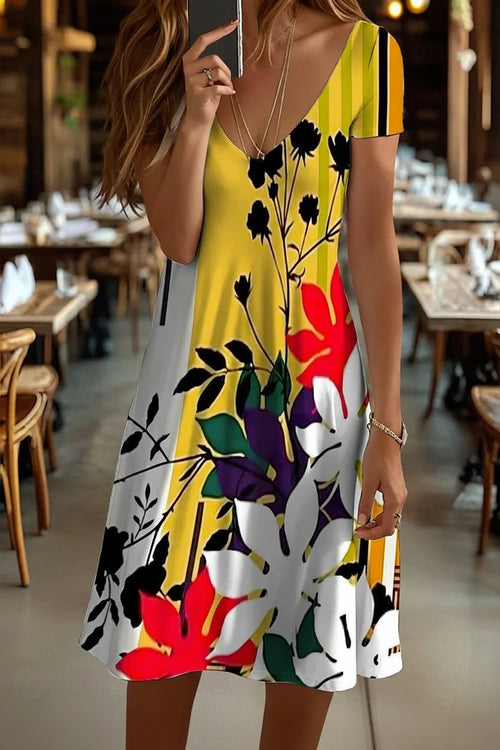 Botanical Color Block Floral Print V-Neck Midi Dress