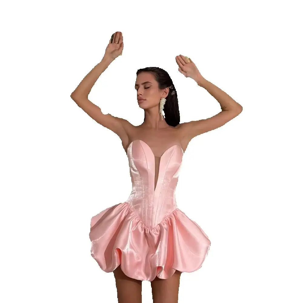 Glamorous Pink Satin Puffed Mini Dress Strapless Deep V Corset Party Dress for Women Birthday Wedding Guest Cocktail