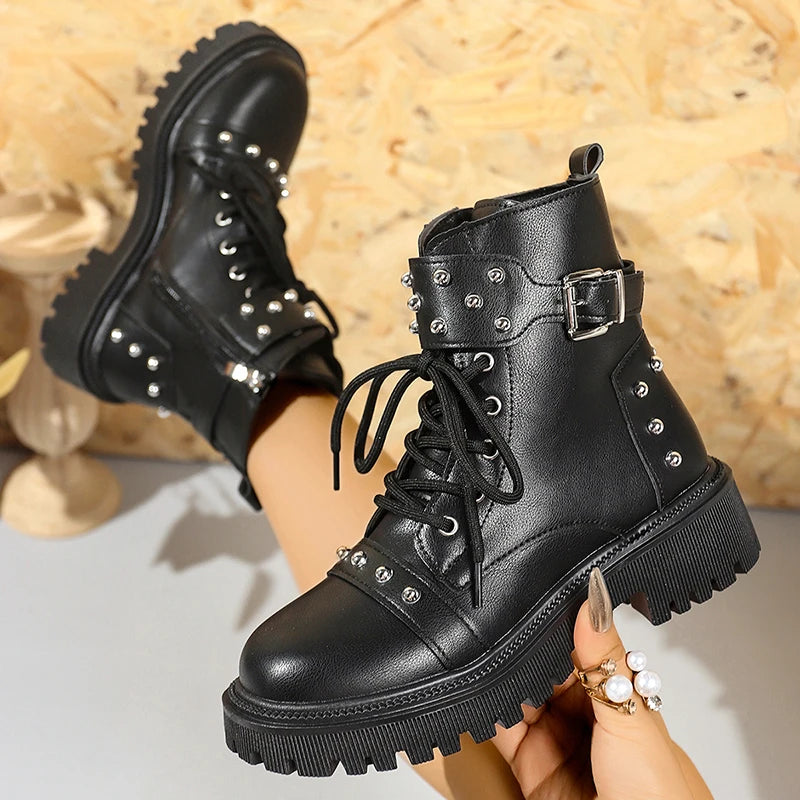 Rivet Punk Ankle Boots – Lace-Up Platform