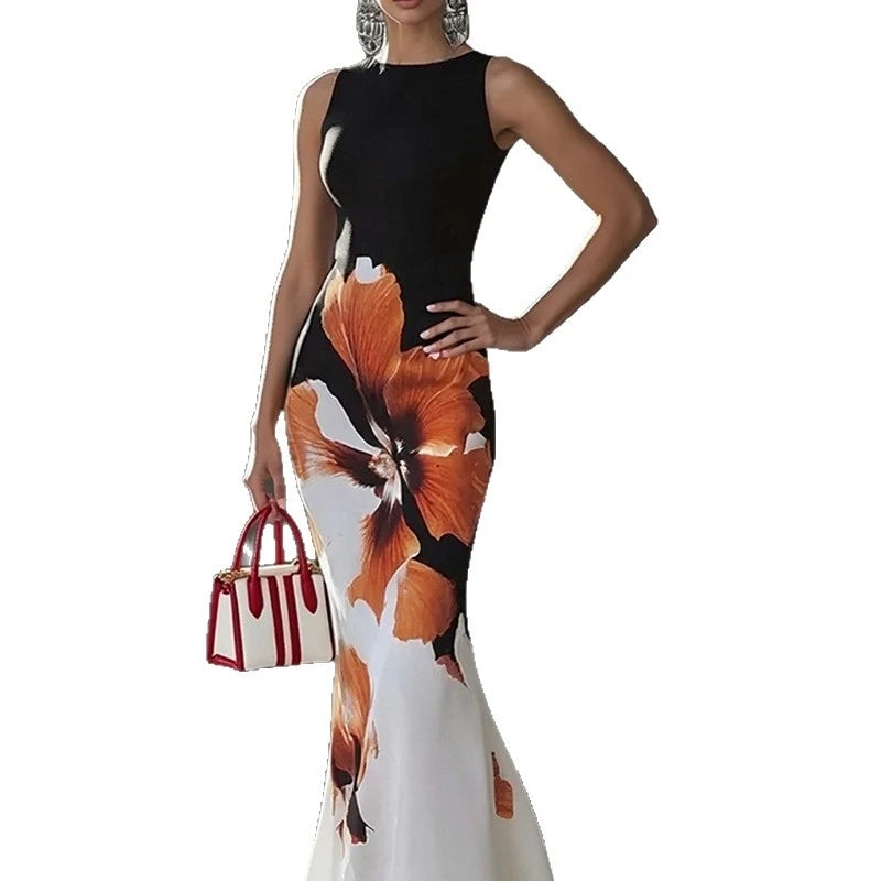 2026Spring new women's clothing European and American cross-border dresses Fashionable and elegant slim-fit waist-cinching print