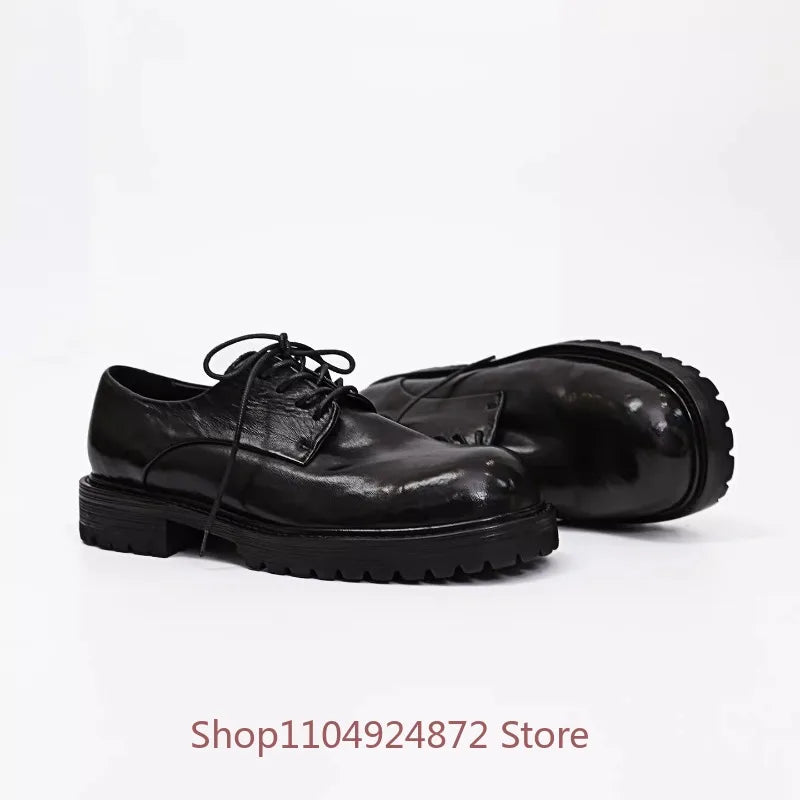 WASHED EDGE - Retro Square Toe Cowhide Derby Shoes - Thick Sole, Timeless Character