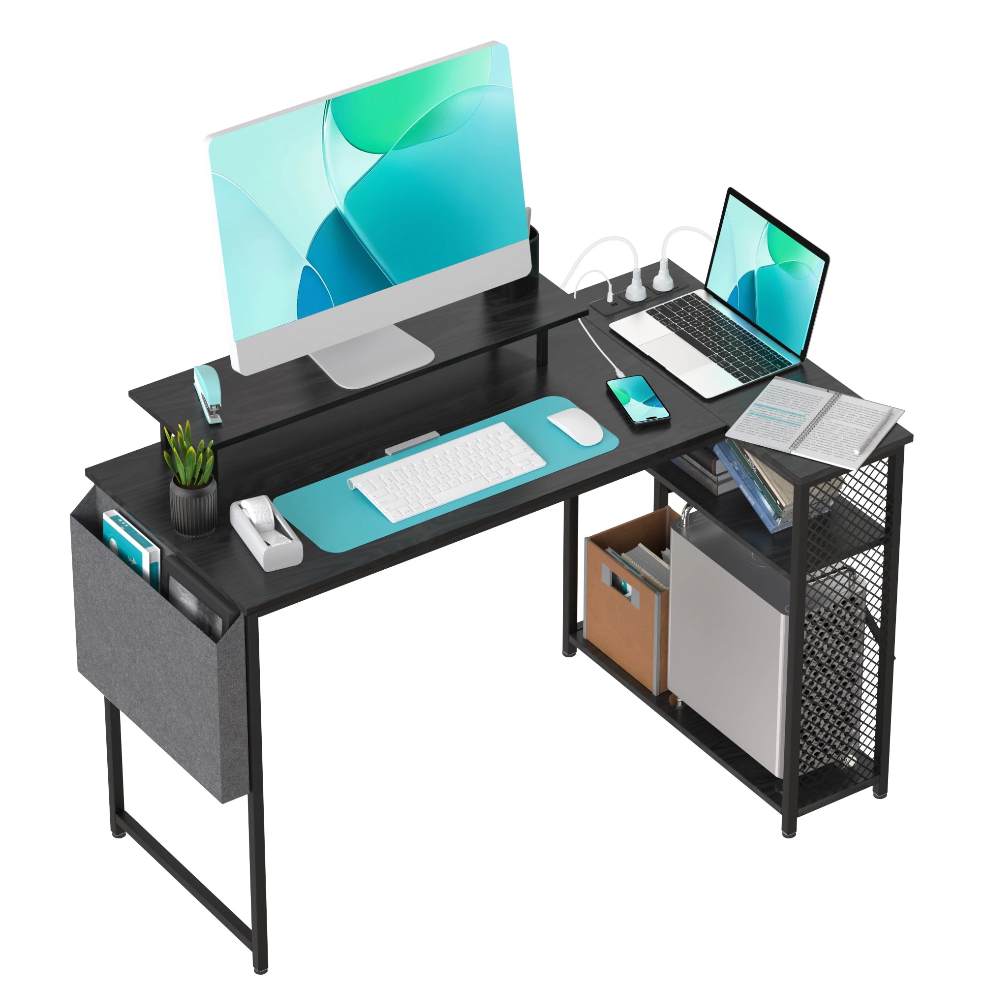 L-Shaped Corner Desk – Monitor Shelf, USB & Power Outlet