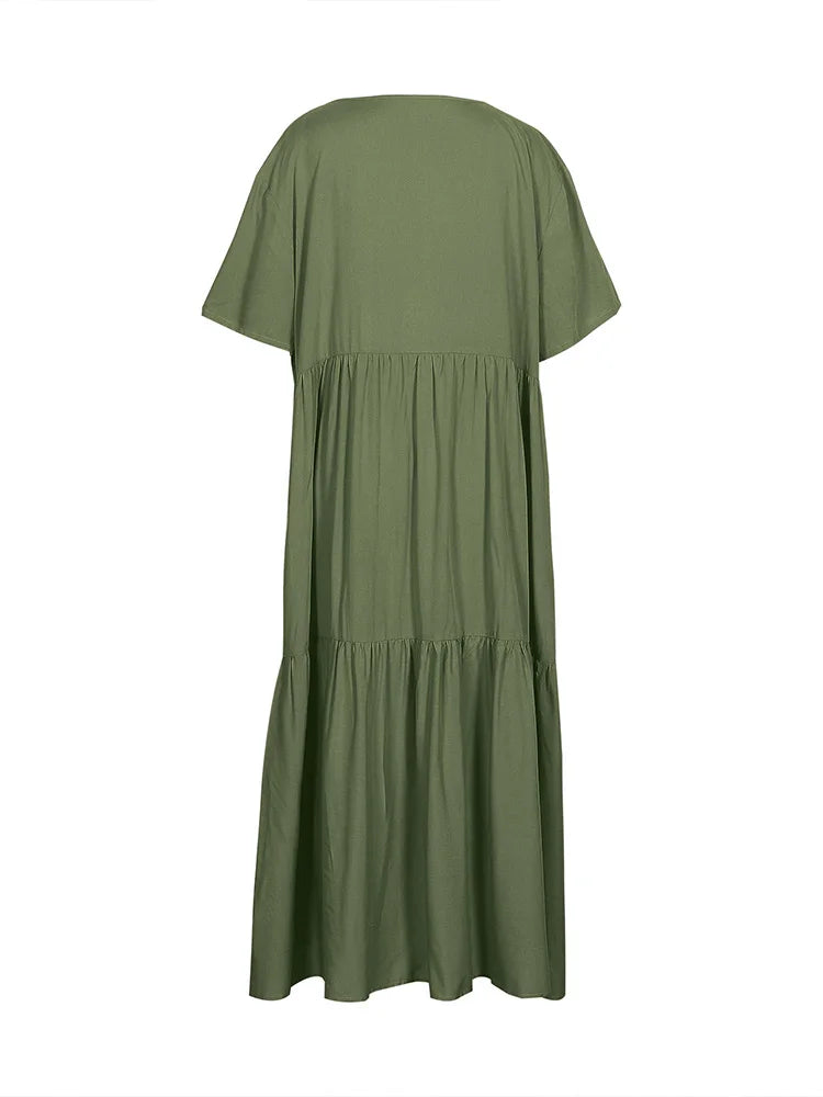 Plus Size 2025 Summer New V-neck Short Sleeve Pleated Solid Color Loose Casual Midi Dress Basic Hem Pleated
