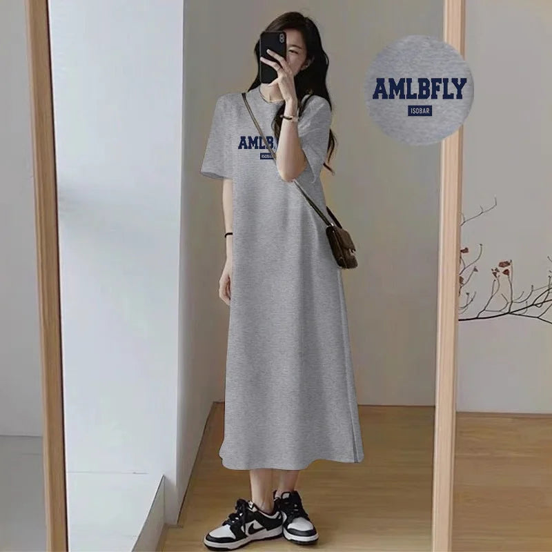 Women's Loose T-shirt Dress Plus Size Summer Casual Letter Print Short Sleeve O-neck Split Long Dress