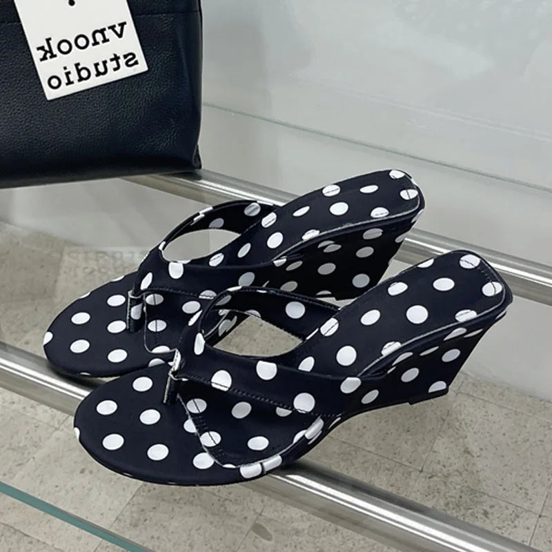 Eilyken Designer Polka Dot Wedges High Heels Women Slippers 2026 Summer Shallow Clip Toe Flip-Flops Ladies Shoes
