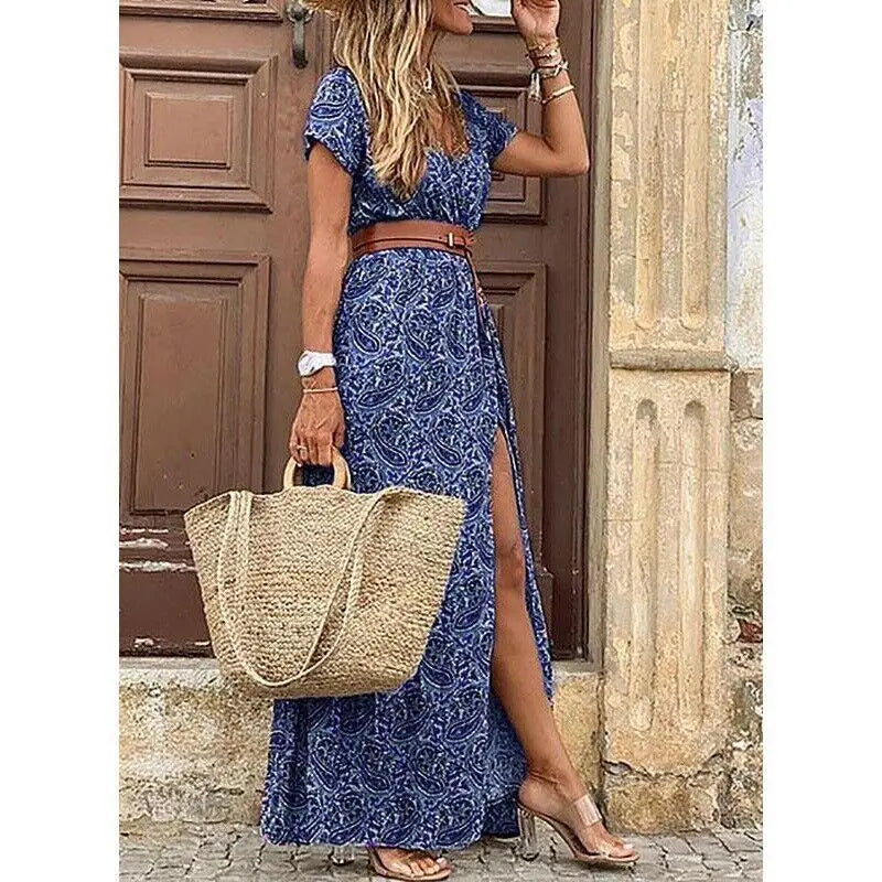 Elegant Floral Pleated H-shaped Midi Dress Female V-Neck Puff Sleeve Waist Ruched Button Dresses Women Summer Dress Robe