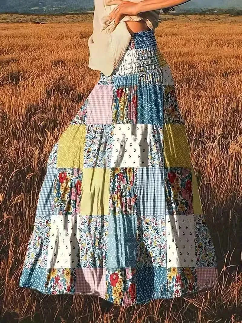 Printed skirt with gathers – high-waisted, casual style