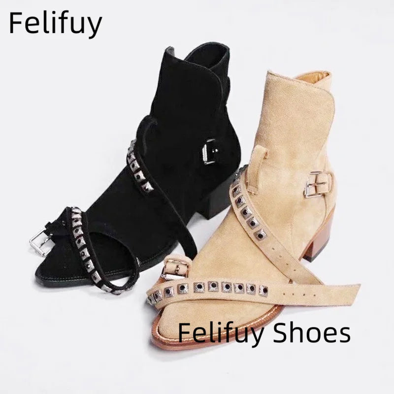 Rivet Chelsea Boots - Buckle Strap Handmade Genuine Leather British Style Pointed Toe