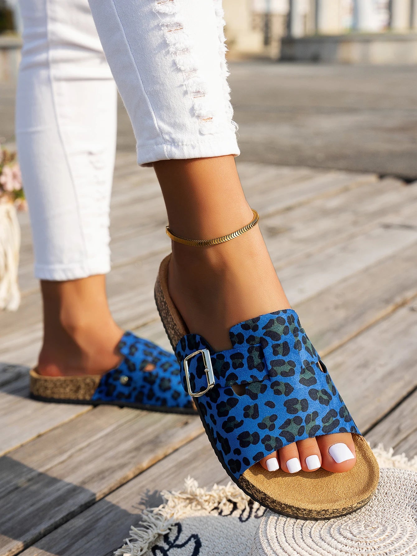 SJSP Women's Leopard Print Flat Sandals Buckle Strap