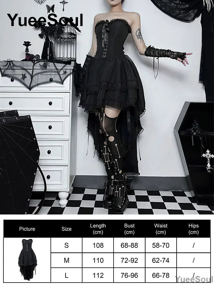 Grunge Gothic Women Dress Lace Trim High Waist Bodycon Mini Dress 2026 New E-girl Vintage Punk Harajuku Lolita Party Clothes