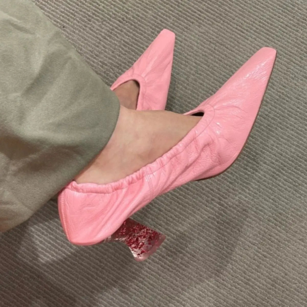 Pink Small Square Head Retro Heels for Ladies Genuine Leather Transparent Crystal High Heels Comfortable Sheepskin Women's Pumps