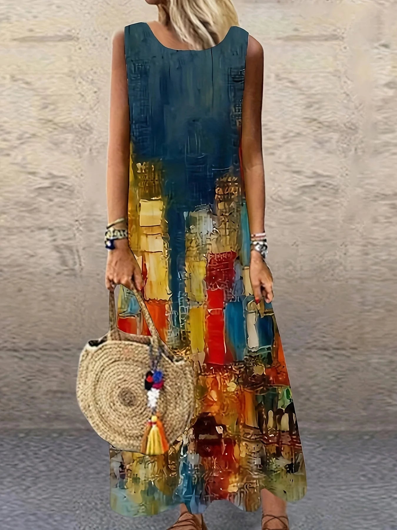 Women's Casual Long Sleeveless Dress with Geometric Color Block Print - A-Line Silhouette Top Vest Printed V-neck Shirt Casual