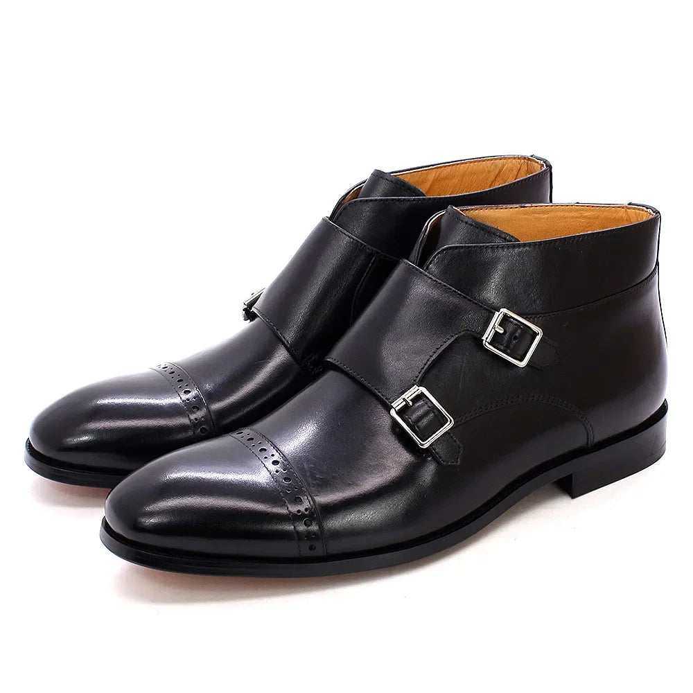 DOUBLE BUCKLE MONK STRAP BOOTS - Men's Genuine Calf Leather Ankle Boots Retro Cowboy Style - Black & Brown