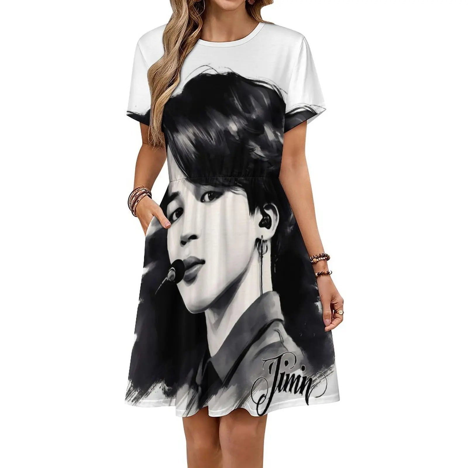 Jimin From Boys By Hello K-Pop Sexy Vacation Dress For Women Beach Party Birthday Mini Dress Black And White B W Ink Black Ink
