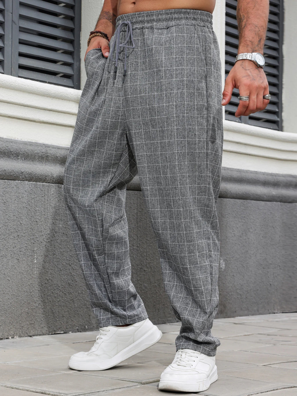 GRID FLOW - Relaxed Linen Plaid Pants - Street Meets Chill