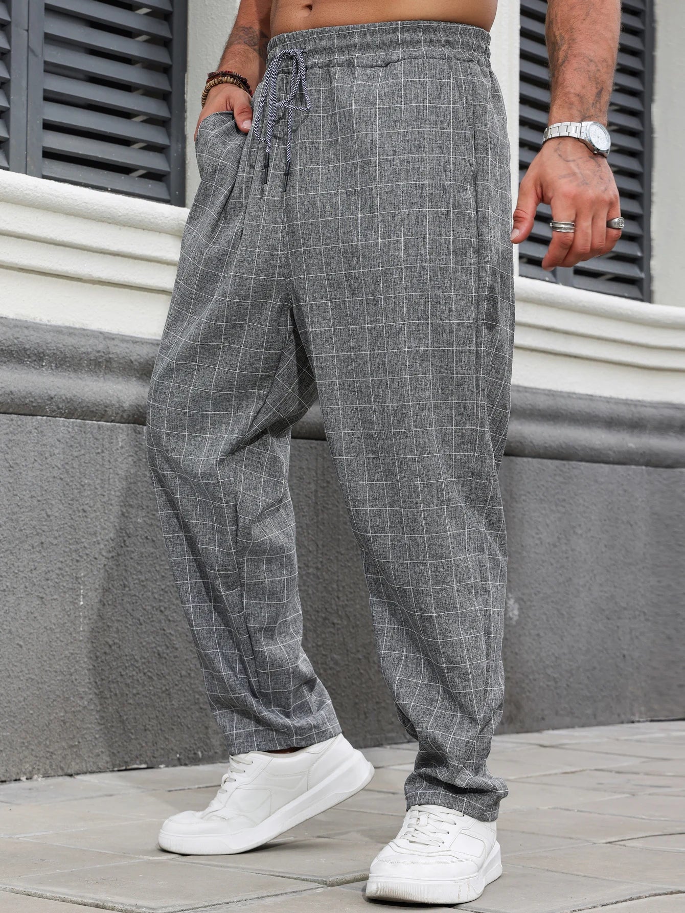 GRID FLOW - Relaxed Linen Plaid Pants - Street Meets Chill