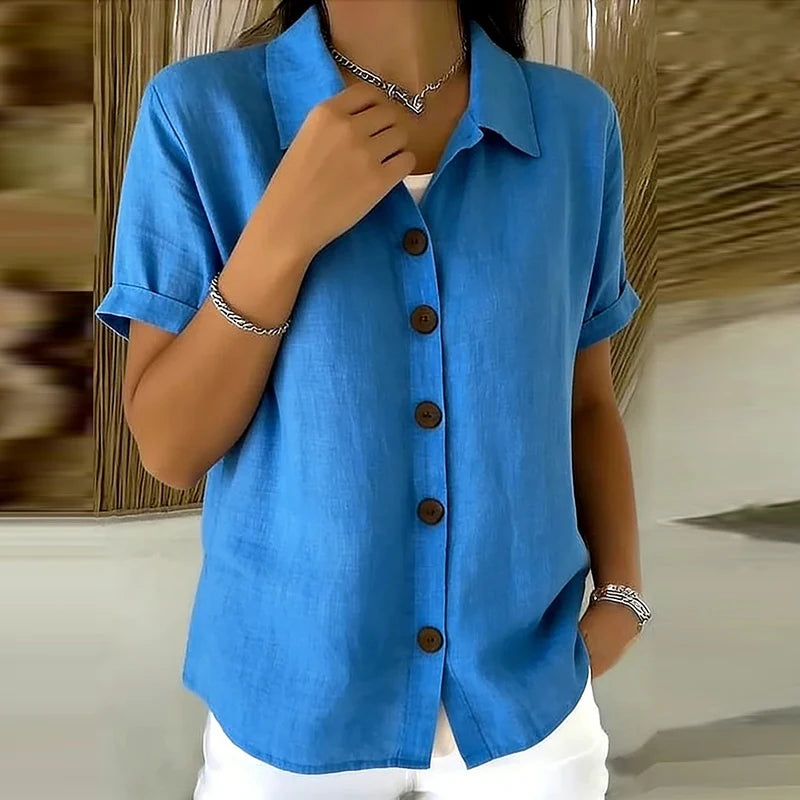 Women's Elegant Summer Cotton Linen Tops Short Sleeve Lapel Button Up Solid Color Loose Shirt Women Casual Blouse Cardigan Tops