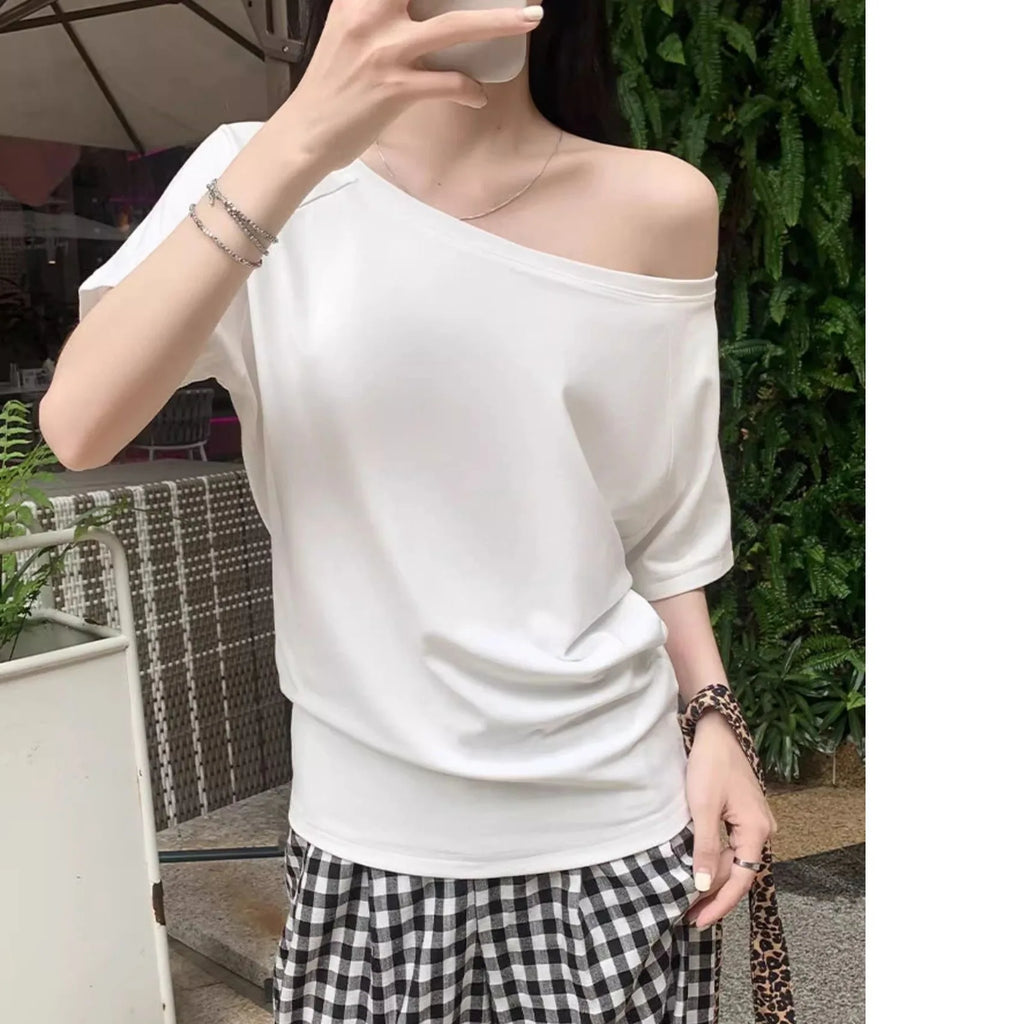 Autumn Winter One Shoulder Cotton Long Sleeve Slant Shoulder Women's Clothing Style Interior Wide Truffle Shoulder Base Shirt