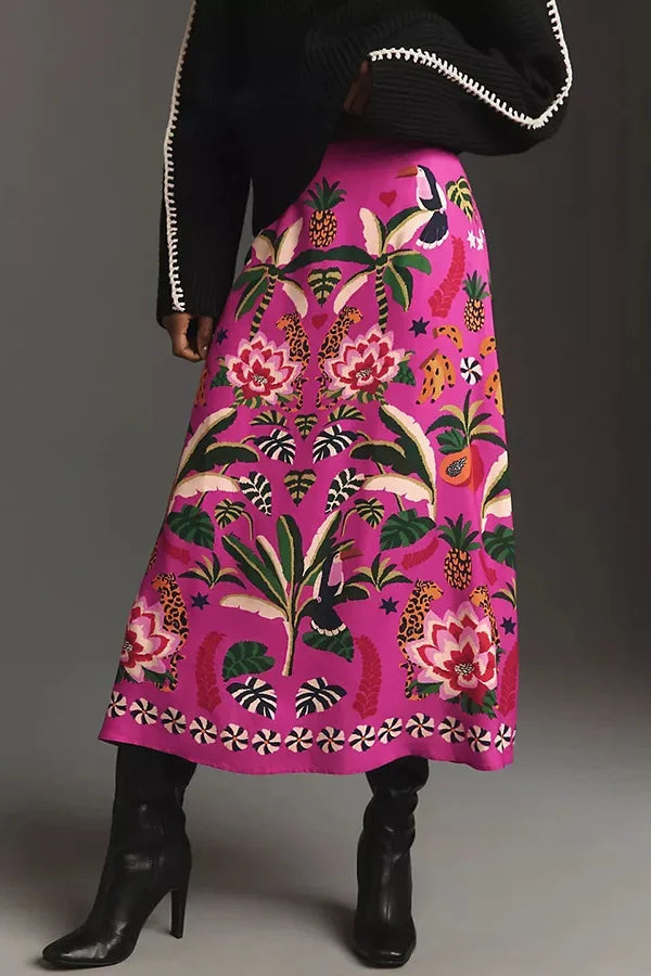 Tropical print midi skirt - retro style, street fashion