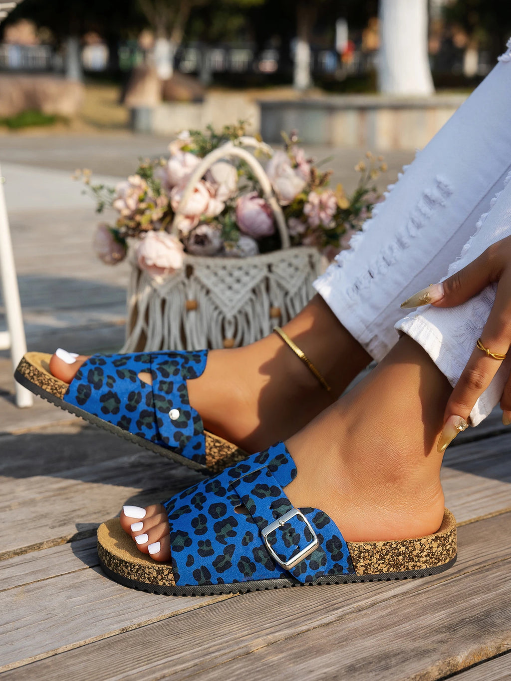 SJSP Women's Leopard Print Flat Sandals Buckle Strap