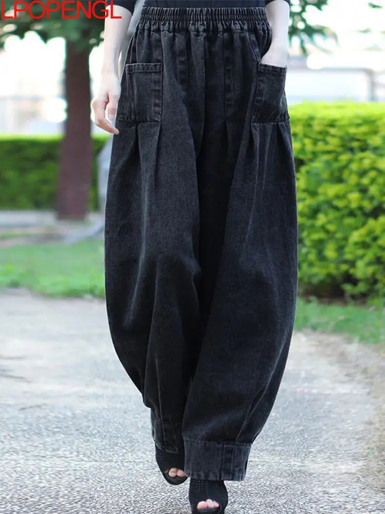 Pleated Wide Leg Pants – High Waist Elastic Casual Vintage