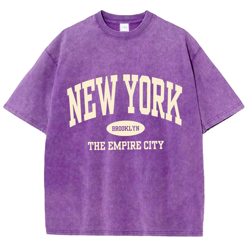 New York Brooklyn Letter Printed Washed T-Shirts Women Cotton Tops Comfortable Distressed O-Neck T Shirts Summer Womans Clothes