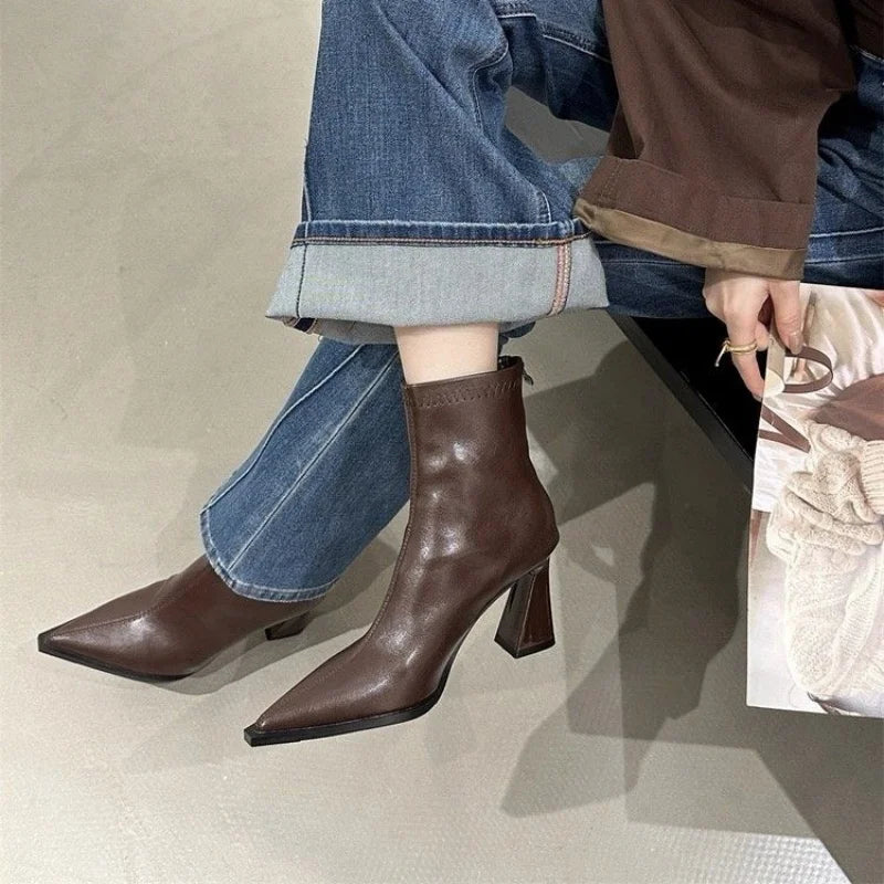 Elegant Ankle Boots – Pointed Toe Square Heel Zip Platform