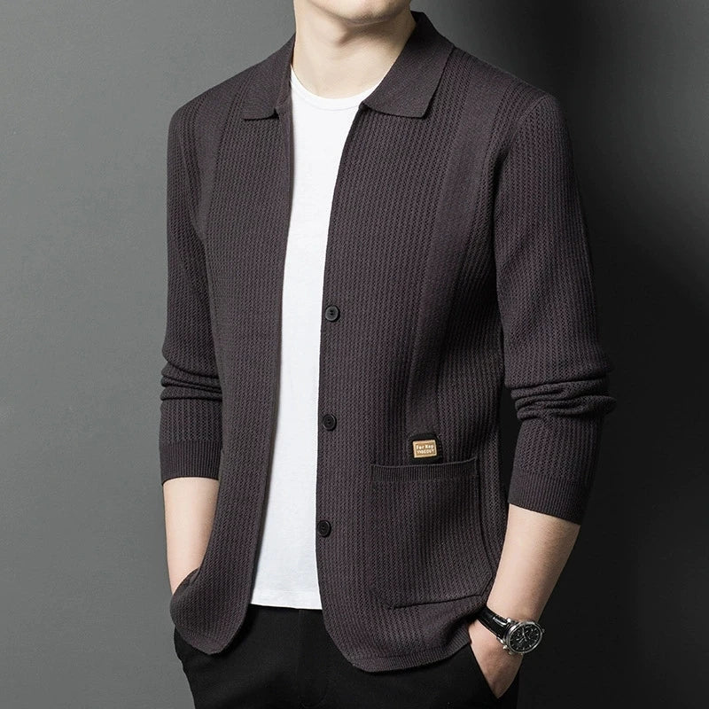 Men's Knitted Cardigan - Solid Color Lapel - Business Casual Done Right